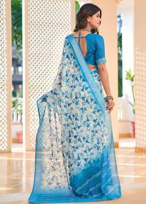 blue printed pure cotton blue saree with blouse 5