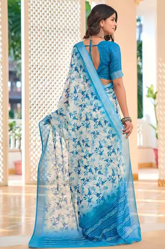 blue printed pure cotton blue saree with blouse