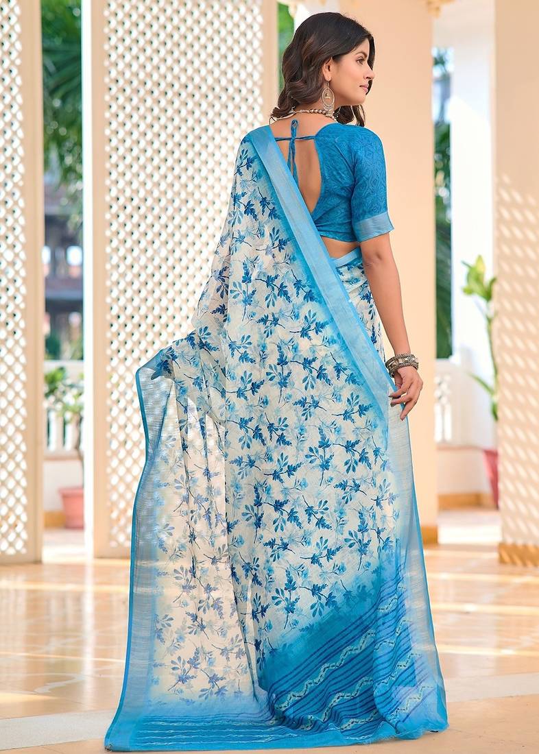 blue printed pure cotton blue saree with blouse