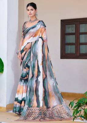 multicolor printed pure cotton multicolor saree with blouse 1