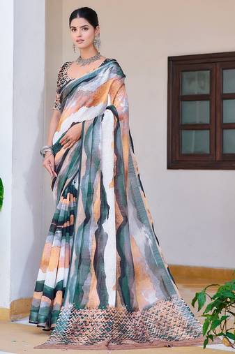 multicolor printed pure cotton multicolor saree with blouse
