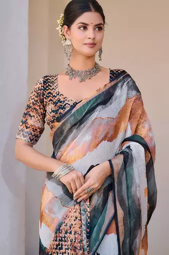 multicolor printed pure cotton multicolor saree with blouse