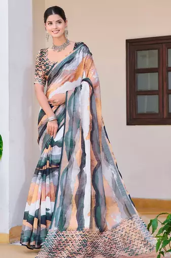 multicolor printed pure cotton multicolor saree with blouse