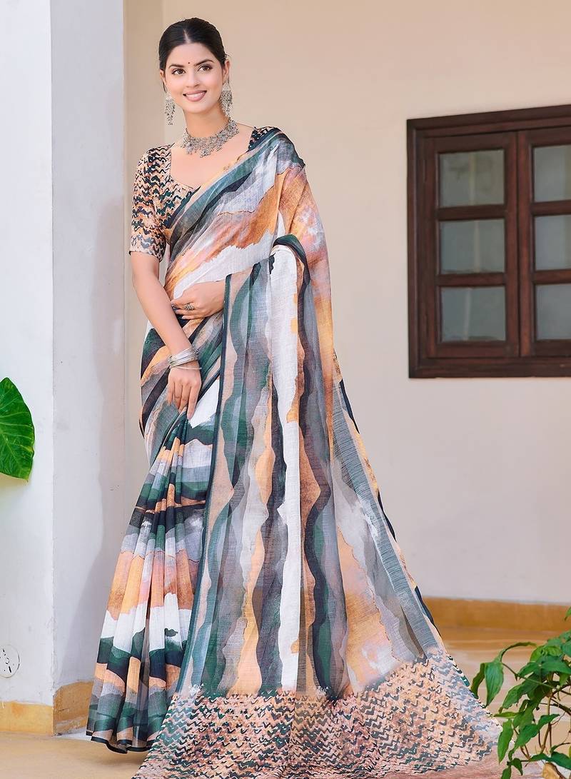 multicolor printed pure cotton multicolor saree with blouse