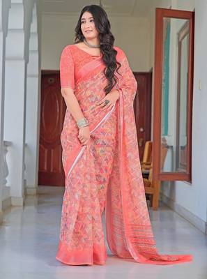 peach printed pure cotton peach saree with blouse 1