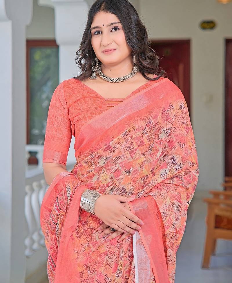 peach printed pure cotton peach saree with blouse