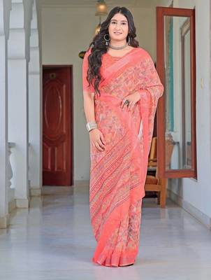 peach printed pure cotton peach saree with blouse 3