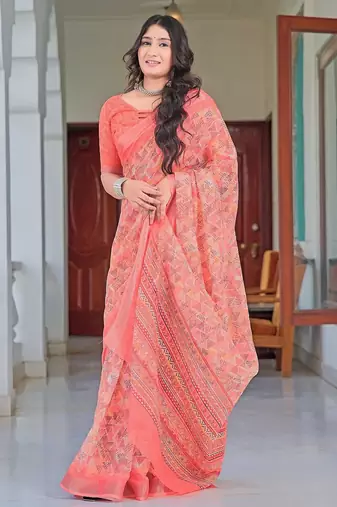 peach printed pure cotton peach saree with blouse