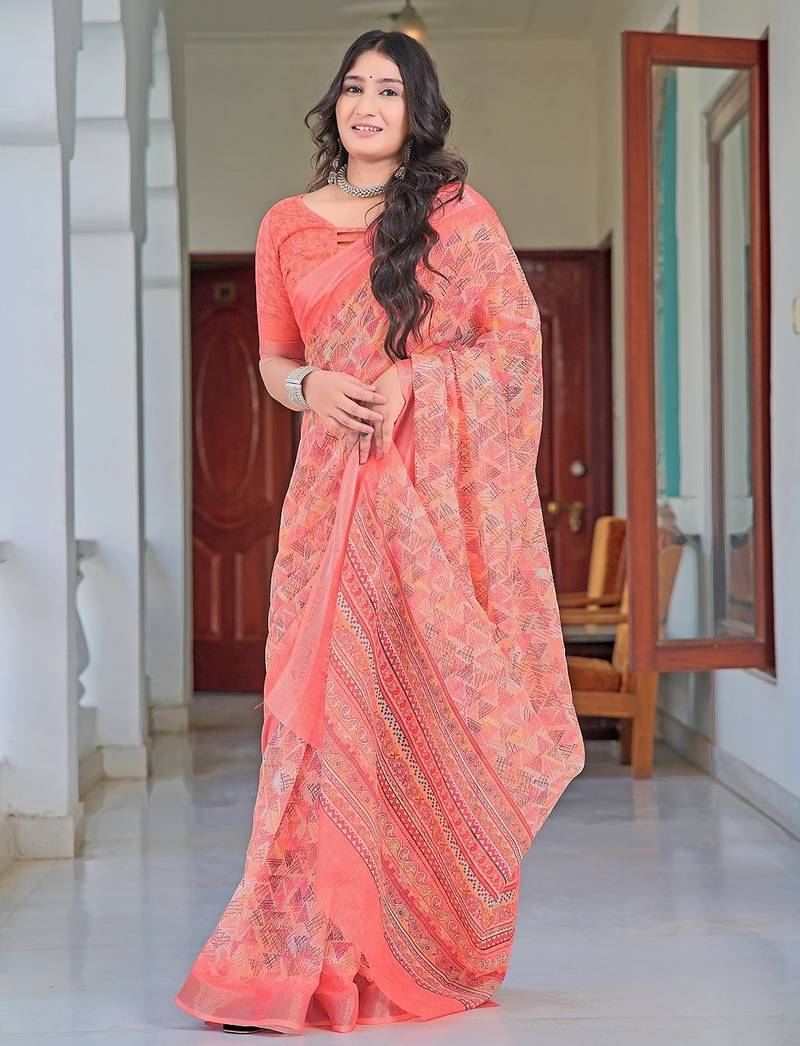 peach printed pure cotton peach saree with blouse