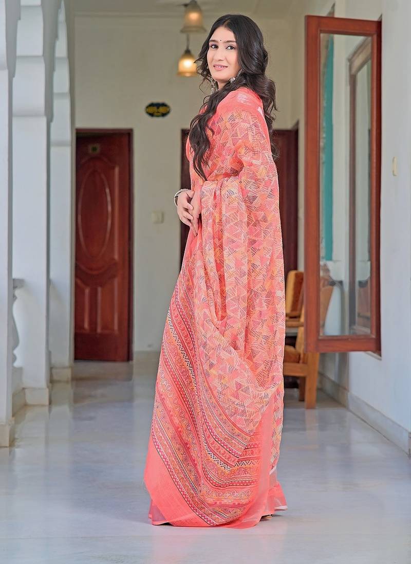 peach printed pure cotton peach saree with blouse