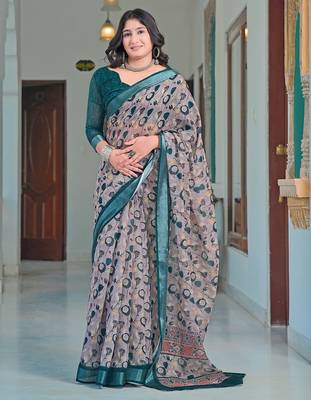 grey printed pure cotton grey saree with blouse 1