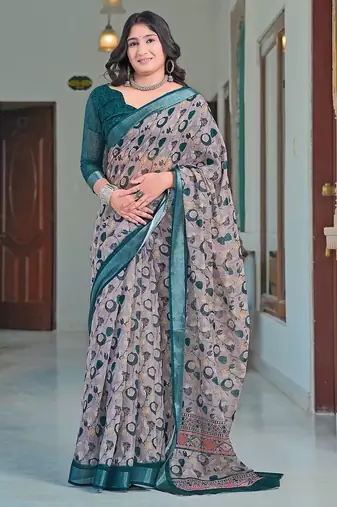 grey printed pure cotton grey saree with blouse