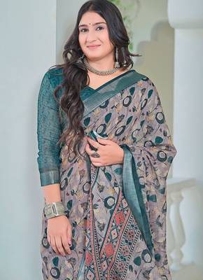 grey printed pure cotton grey saree with blouse 2
