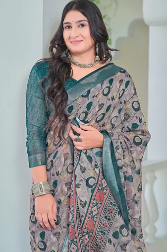 grey printed pure cotton grey saree with blouse