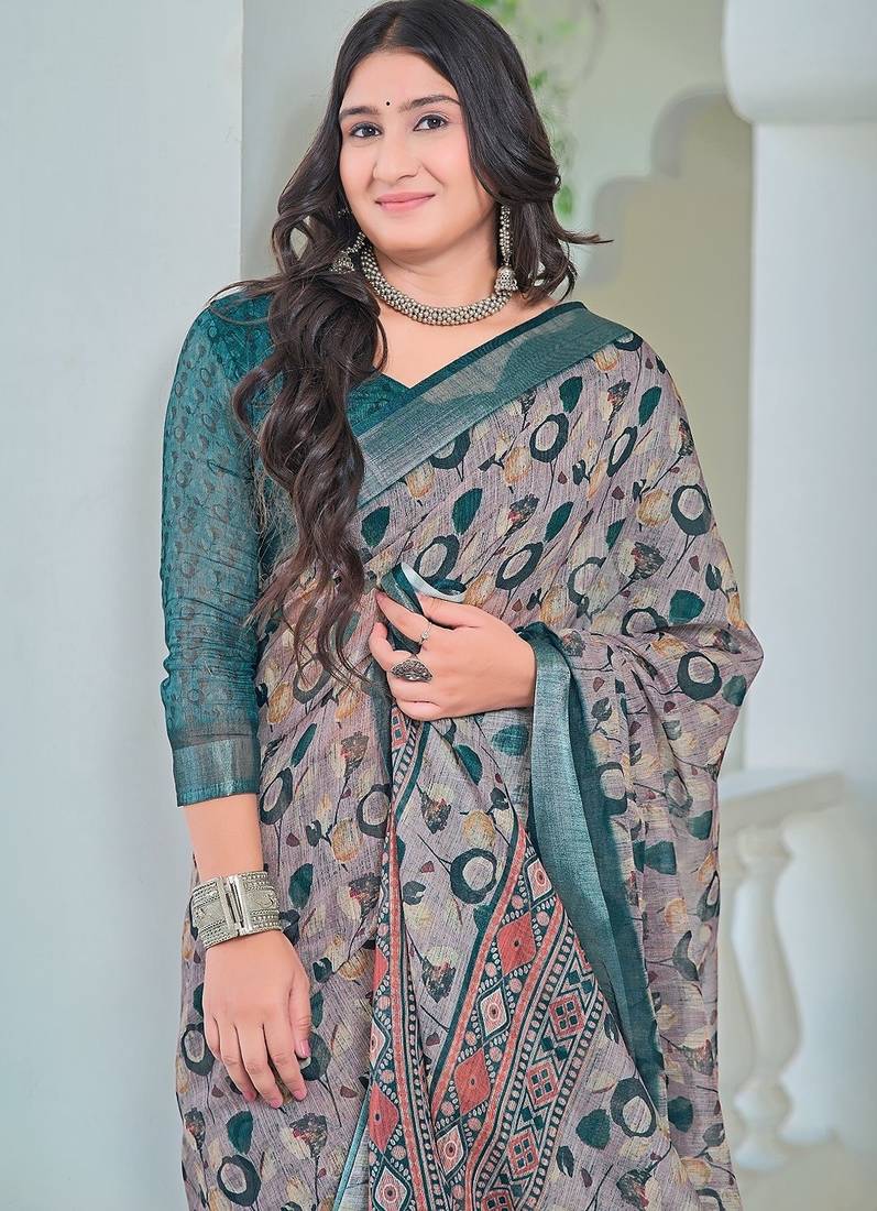 grey printed pure cotton grey saree with blouse