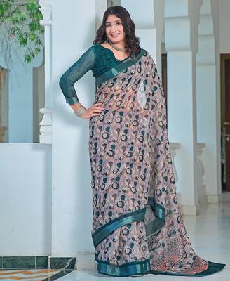 grey printed pure cotton grey saree with blouse 3