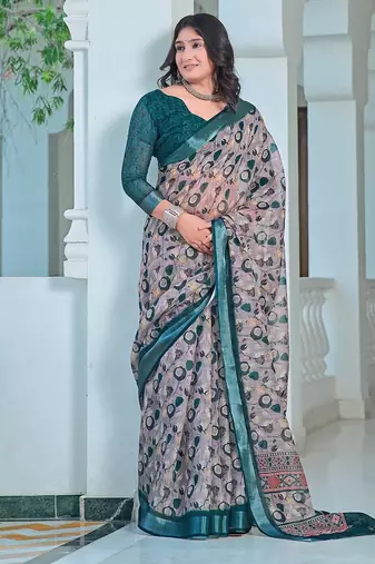 grey printed pure cotton grey saree with blouse