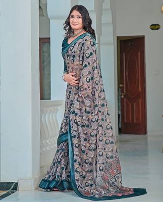 grey printed pure cotton grey saree with blouse 5