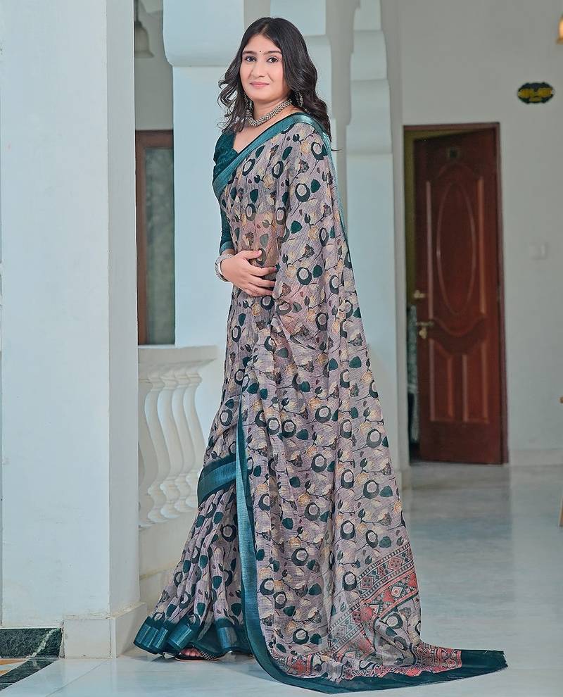 grey printed pure cotton grey saree with blouse