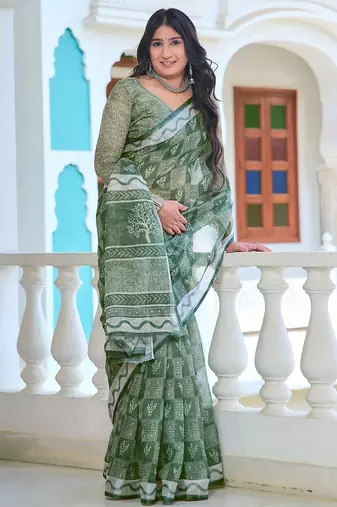 light_green printed pure cotton light green saree with blouse