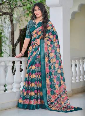 multicolor printed pure cotton multicolor saree with blouse 1