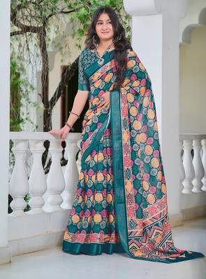 multicolor printed pure cotton multicolor saree with blouse 2