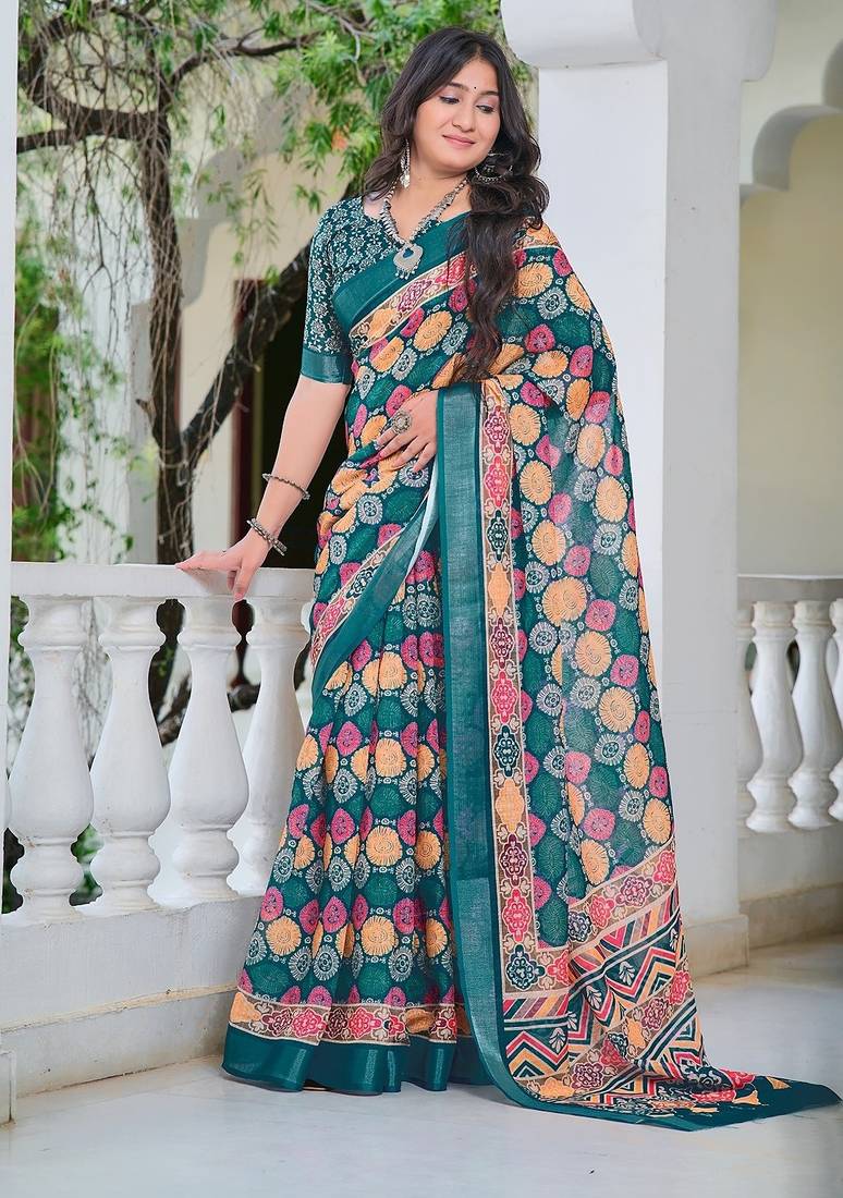 multicolor printed pure cotton multicolor saree with blouse