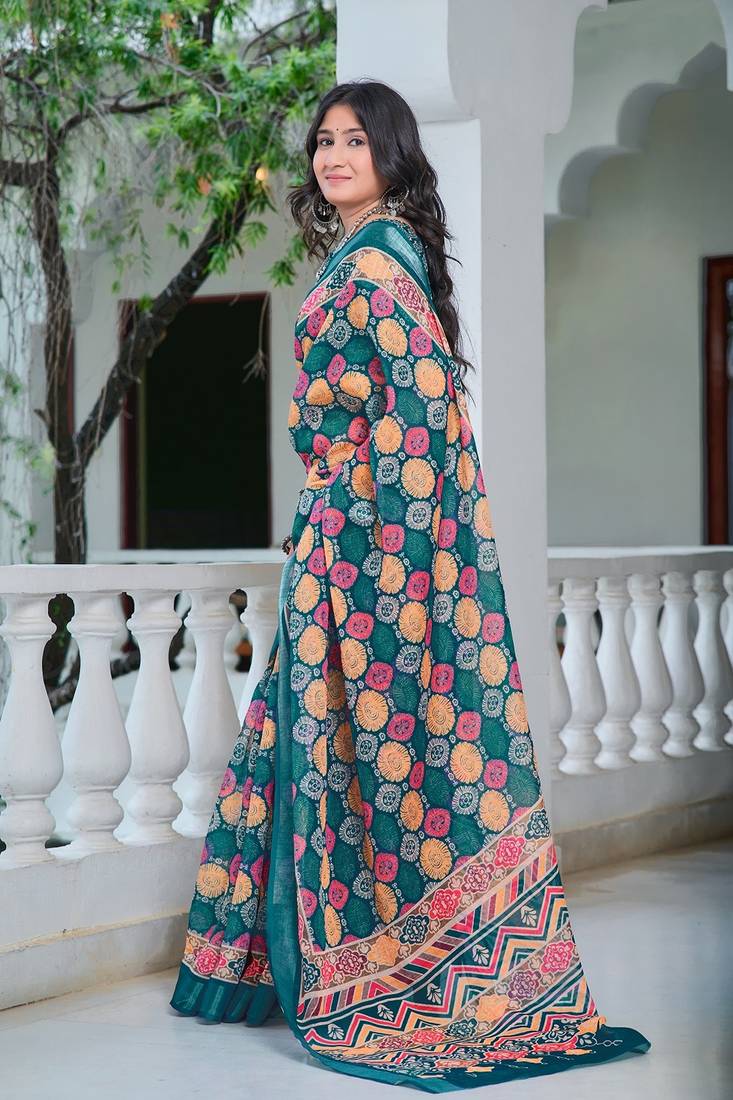 multicolor printed pure cotton multicolor saree with blouse