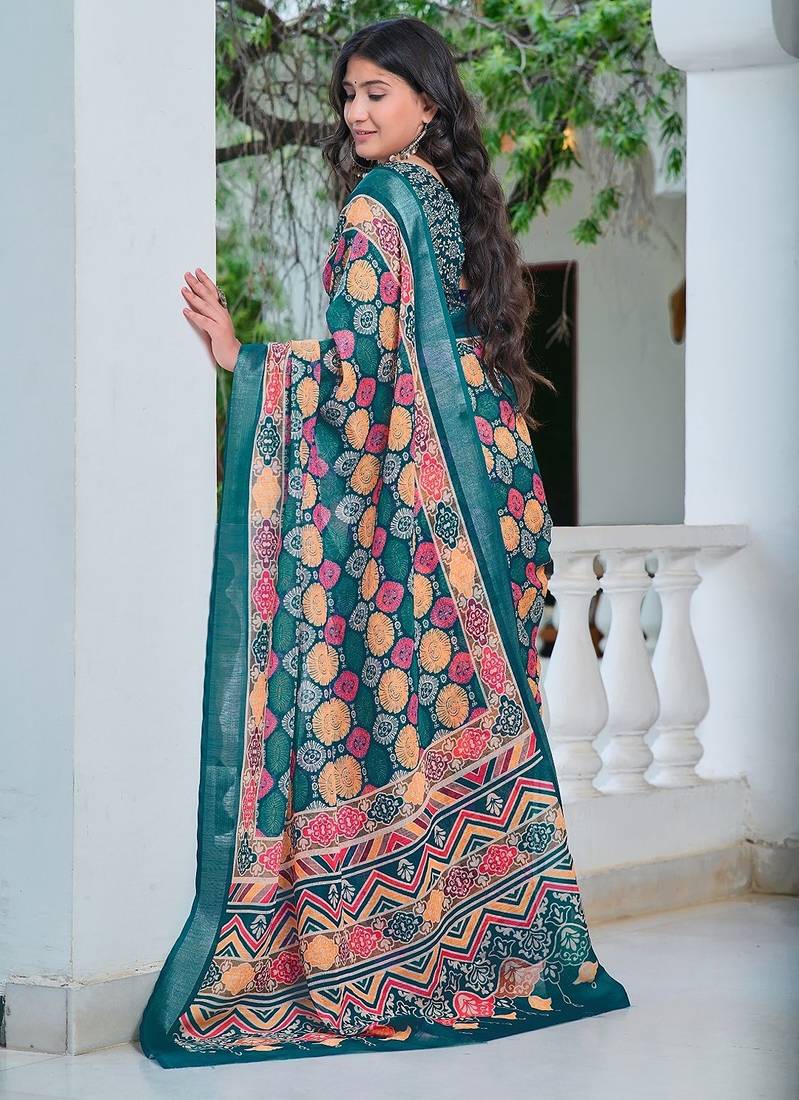 multicolor printed pure cotton multicolor saree with blouse