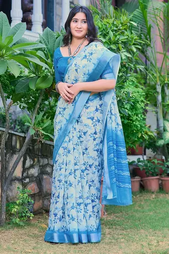 blue printed pure cotton blue saree with blouse