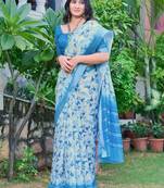 blue printed pure cotton blue saree with blouse