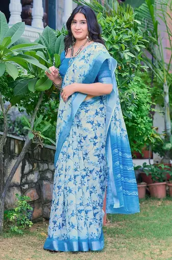 blue printed pure cotton blue saree with blouse