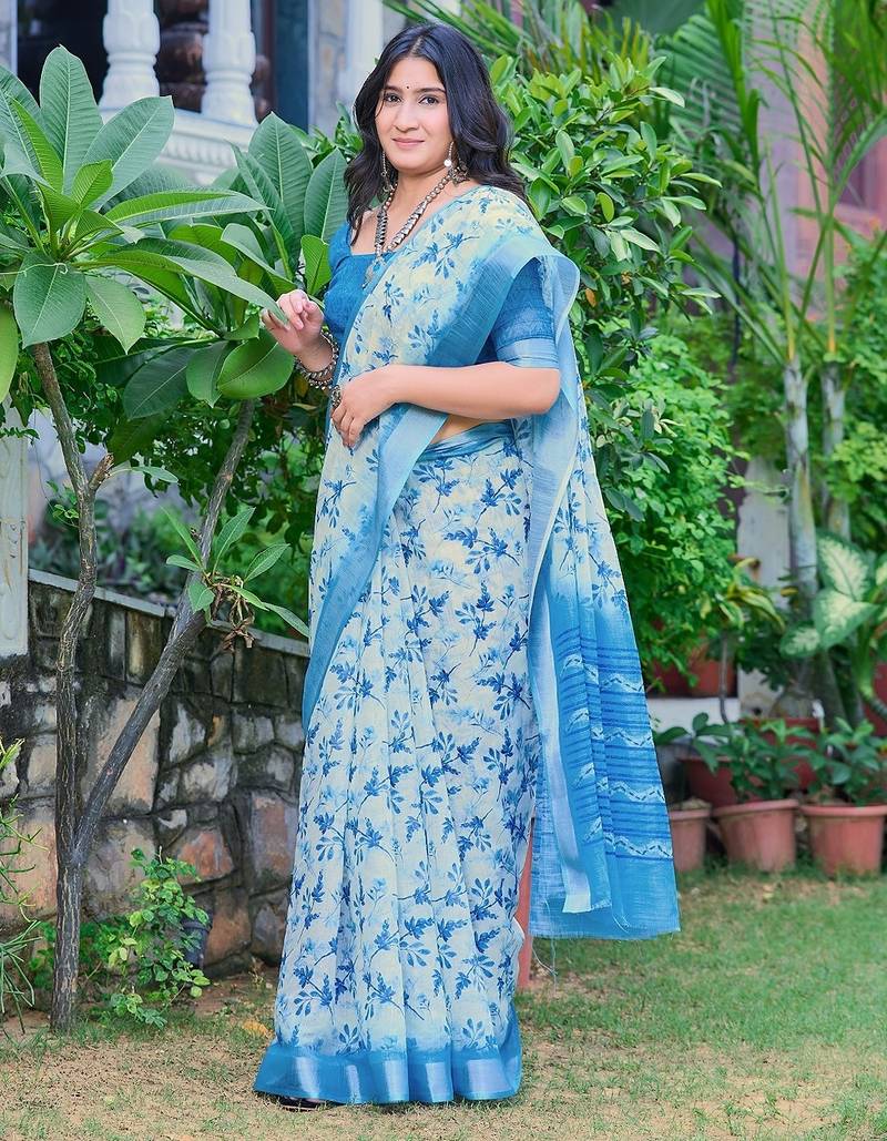blue printed pure cotton blue saree with blouse
