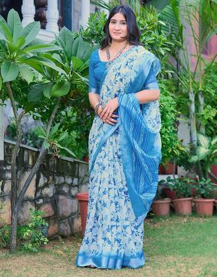blue printed pure cotton blue saree with blouse 3