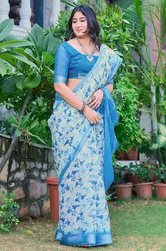 blue printed pure cotton blue saree with blouse
