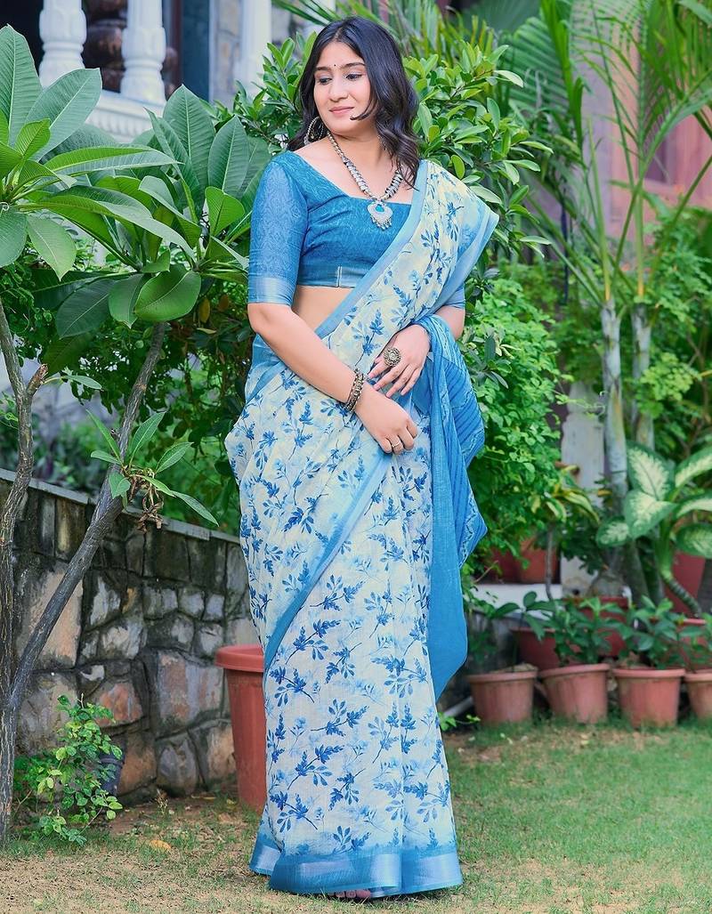 blue printed pure cotton blue saree with blouse