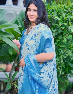 blue printed pure cotton blue saree with blouse 5