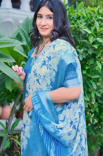 blue printed pure cotton blue saree with blouse