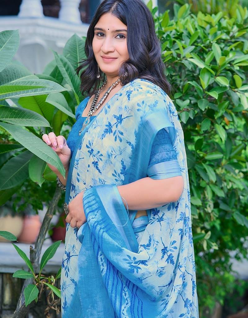 blue printed pure cotton blue saree with blouse