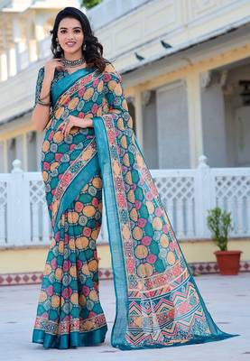 multicolor printed pure cotton multicolor saree with blouse 1