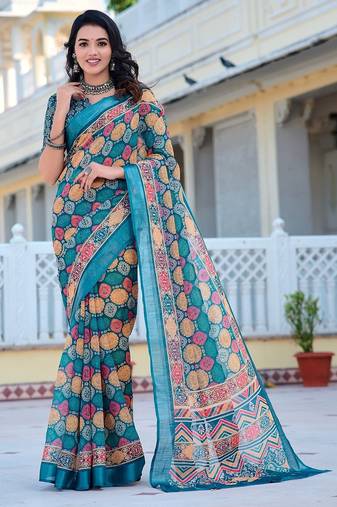 multicolor printed pure cotton multicolor saree with blouse