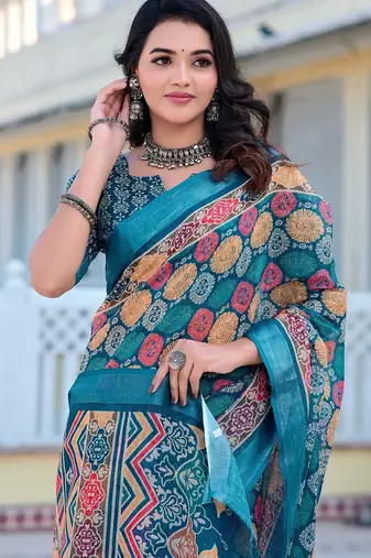 multicolor printed pure cotton multicolor saree with blouse