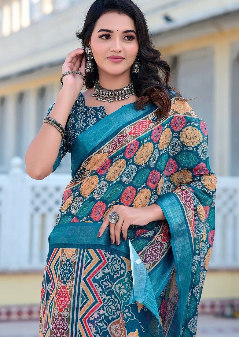 multicolor printed pure cotton multicolor saree with blouse