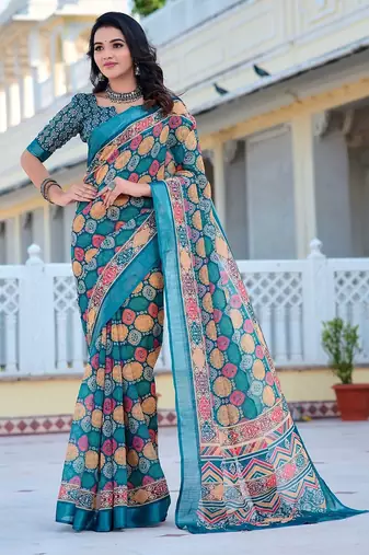 multicolor printed pure cotton multicolor saree with blouse