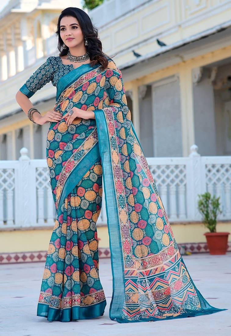 multicolor printed pure cotton multicolor saree with blouse