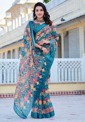 multicolor printed pure cotton multicolor saree with blouse 4