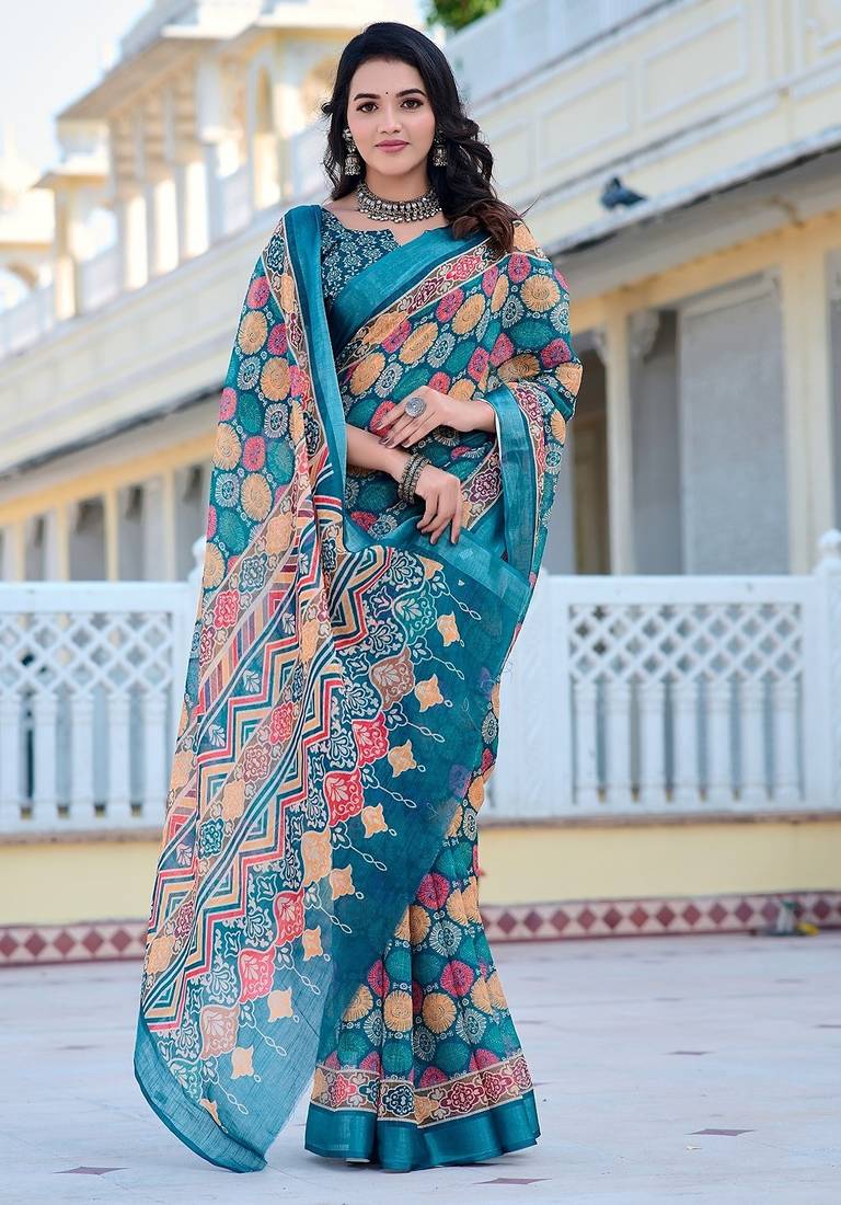 multicolor printed pure cotton multicolor saree with blouse