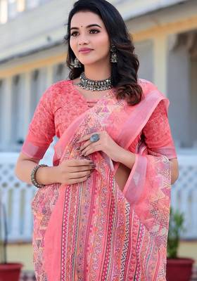 peach printed pure cotton peach saree with blouse 2