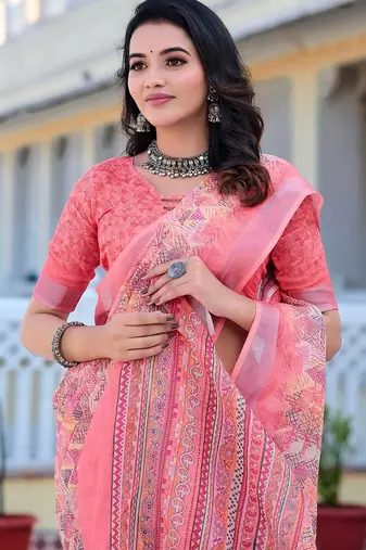 peach printed pure cotton peach saree with blouse