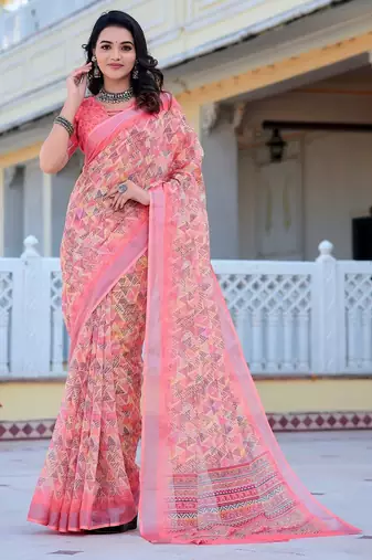 peach printed pure cotton peach saree with blouse